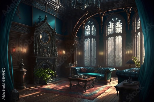 Gothic style dark fantasy mansion interior illustration