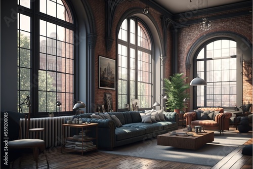 Industrial cozy loft style apartment interior with high ceiling and wide space © Hdi