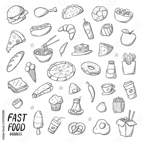 Set of hand drawn fast food doodles, clip art, isolated elements for prints, icons, stickers, planners, cards, etc. EPS 10