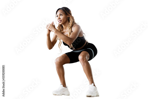 A curly-haired fitness workout woman in a tracksuit, transparent background.