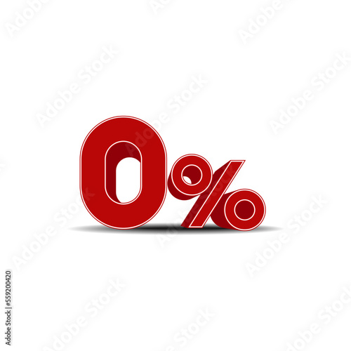 Red zero (0) percent 3D symbol on white background.