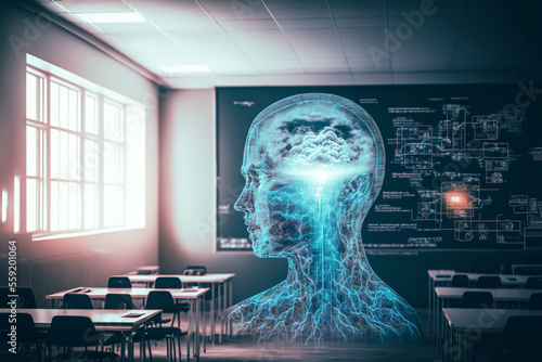 A holographic head representing modern technology / ai floats in a classroom setting. Created with generative ai