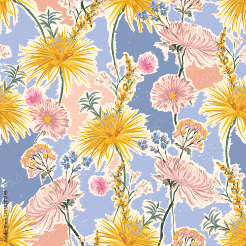 Trendy Hand drawn Wild Meadow florals , Flower bouquet illustration Seamless Pattern Vector