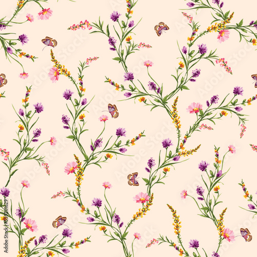 Trendy Hand drawn Wild Meadow florals , Flower bouquet illustration Seamless Pattern Vector