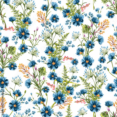 Trendy Hand drawn Wild Meadow florals , Flower bouquet illustration Seamless Pattern Vector