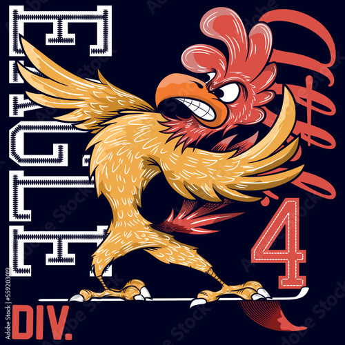 Illustration Rooster Surfer with Surfboard and text San Francisco California Urban fashion style photo