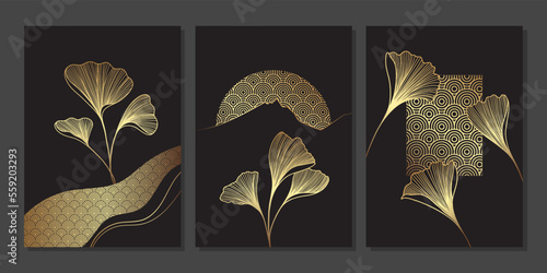 Set of luxury gold wall art. Golden ginkgo biloba leaves and geometric elements. Japanese style line art with branches. Linear plants on black background. Abstract minimalist art mural illustration