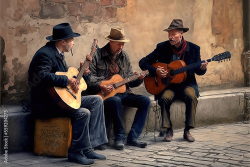 three men sitting on a bench playing guitars and singing on the street corner of a city street corner, with a brick wall behind them, and a brick sidewalk, and a brick wall,.