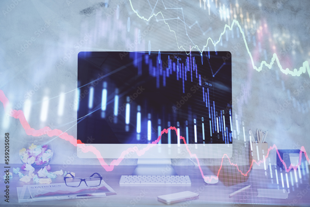 Forex graph hologram on table with computer background. Double exposure. Concept of financial markets. Forex graph hologram on table with computer background. Double exposure. Concept of financial markets.