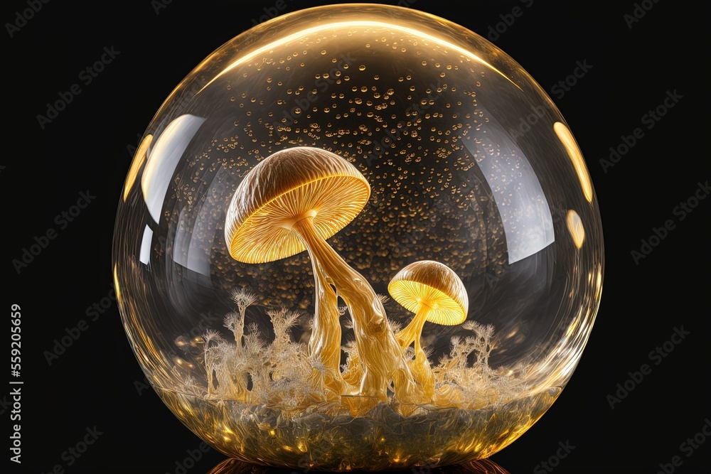 Generative ai of magic mushrooms in a bubble that is reflected on the water surface. Psychedelic decorative mushrooms art.