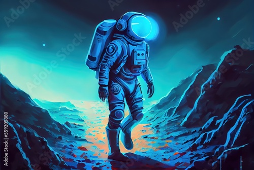 An astronaut walks around the planet in a blue light