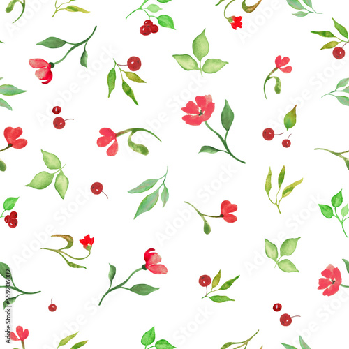 Watercolor seamless pattern with abstract red flowers, branches, leaves. Hand drawn floral illustration isolated on white background. For packaging, wrapping design or print.