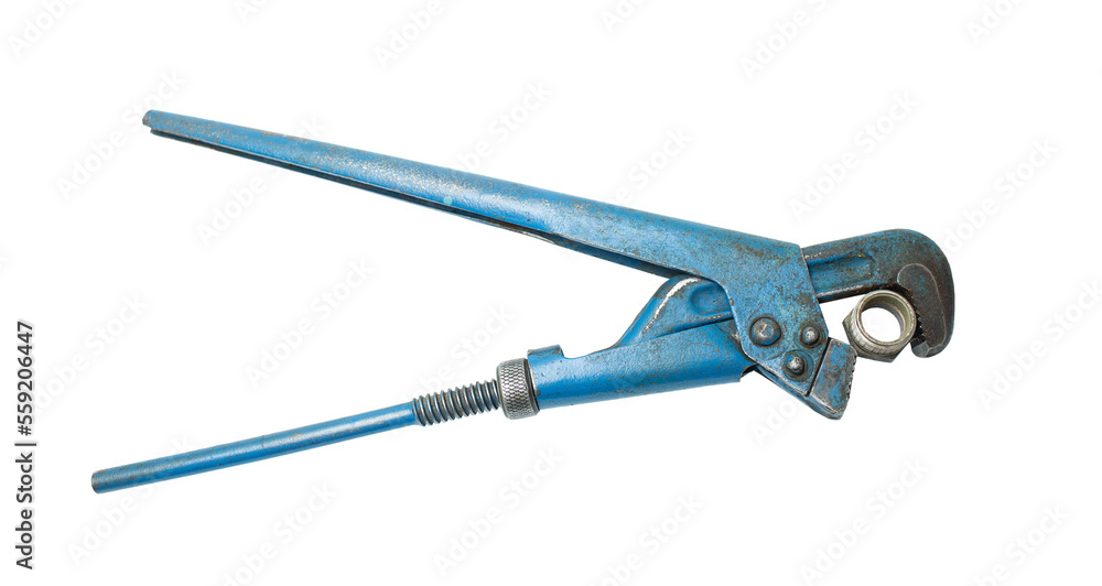 Old blue plumbing key with nut isolated on transparent background. Old blue plumbing key with nut isolated on transparent background.