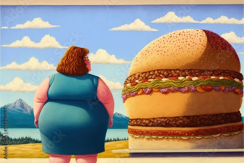 Rear view of an obese woman looking at hamburger, created with Generative AI technology photo