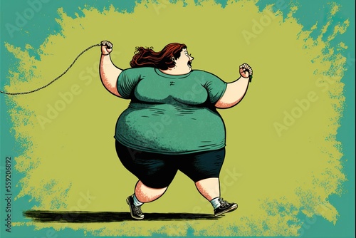 Rear view of happy obese woman jumping a rope, created with Generative AI technology photo