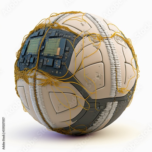 Volleyball ball covered by computer chips and electric circuits, Sports Technology, created with Generative AI technology photo