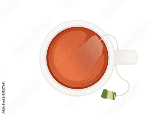 Glass cup with saucer with black tea and tea bag inside vector illustration isolated on white background