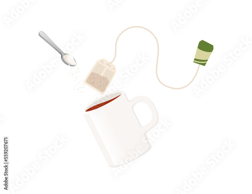Ceramic cup with black tea bag and sugar vector illustration isolated on white background