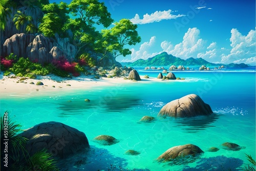 The perfect paradise landscape is a tropical island beach with clear water and an ambiance that is so desirable.