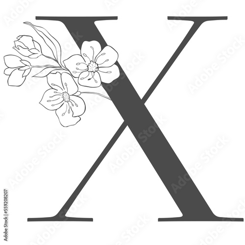 Floral Letter with Cherry Branch. Sakura Flower Alphabet for Wedding.