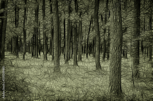 Wild surreal bizarre forest in monochrome color  creative illustration in special style  fractal algorithm used 