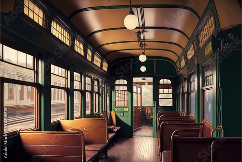 a train car with lots of windows and a green door and a green door on the side of the car is empty and empty with no people inside or outside doors on the car,.