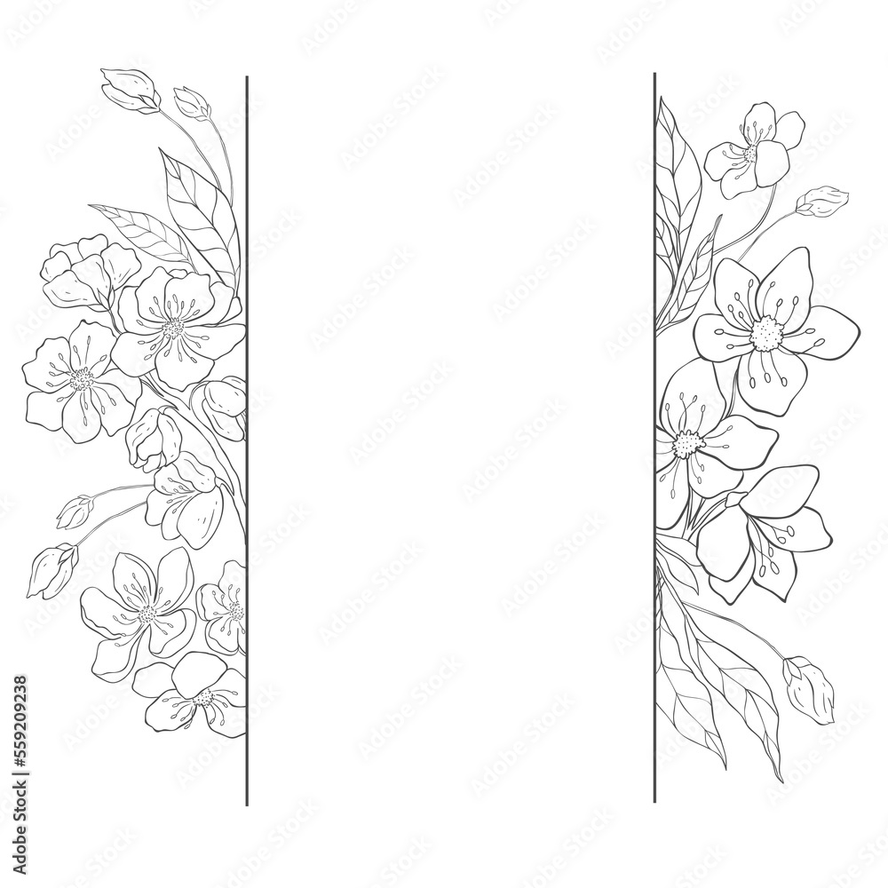 Cherry Flowers Frame. Sakura Blossom Border for Wedding.