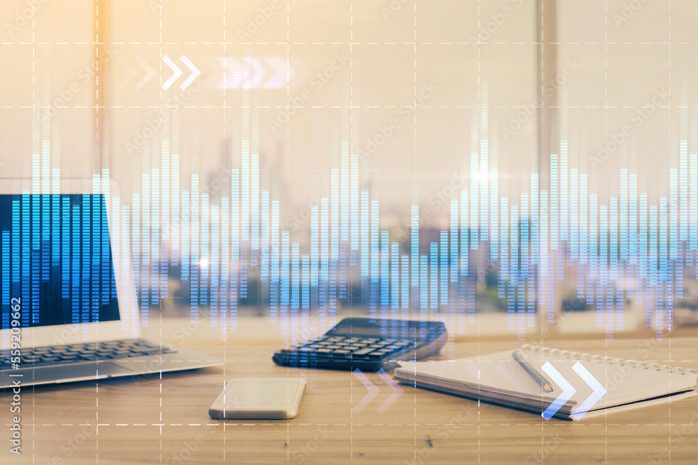 Stock market graph on background with desk and personal computer. Multi exposure. Concept of financial analysis. Stock market graph on background with desk and personal computer. Multi exposure. Concept of financial analysis.