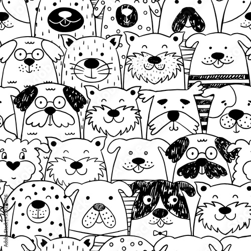 Scandinavian seamless pattern with black and white dogs. Vector background. 