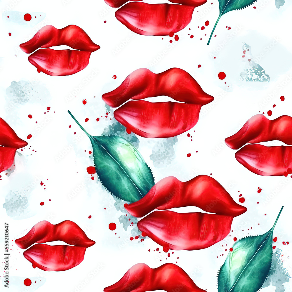 Fototapeta premium seamless pattern with watercolor red lips and green leaf , generative ai