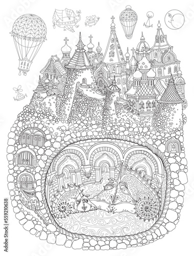 Fairy tale underground Dragon family cave apartment in the old medieval town. Black and white Adults coloring book page
