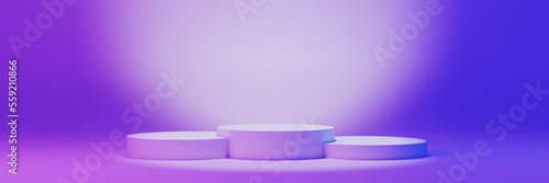 Banner with stand for a product placement on violet neon background. Simple design. 3D illustration.