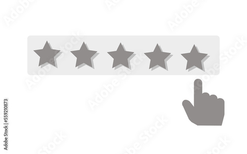 Hand, finger rate 5 stars app rating.
Vector illustration in gray tones isolated on a white background. Evaluation feedback opinion positive or negative.  High rating badge. Positive customer feedback