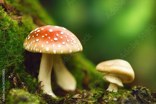 Red mushrooms in wood, Generative AI