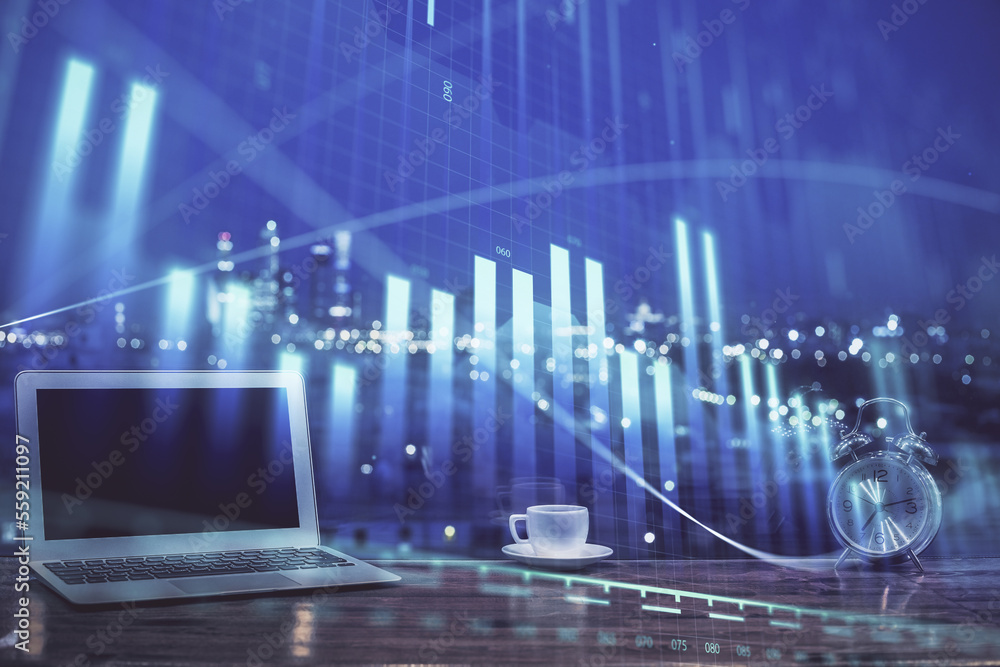 Stock market graph on background with desk and personal computer. Multi exposure. Concept of financial analysis. Stock market graph on background with desk and personal computer. Multi exposure. Concept of financial analysis.