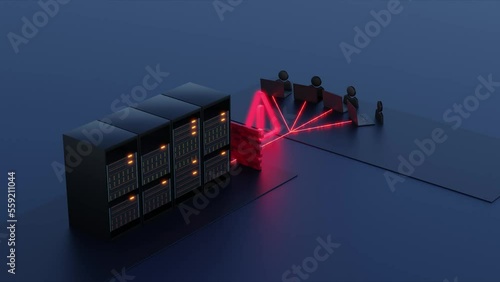 hacking and stealing data from servers, server hacking and data encryption, hackers and massive attacks on IT infrastructure, 3d rendering photo