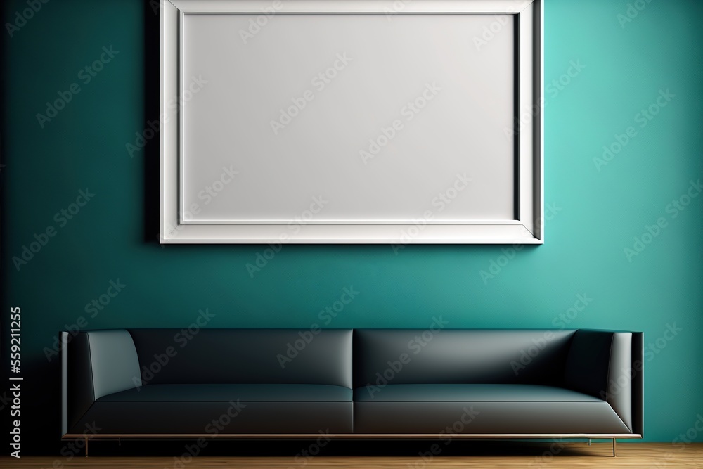 Fototapeta premium A white wall art poster mock-up hanging on a green wall over a black couch, generative ai
