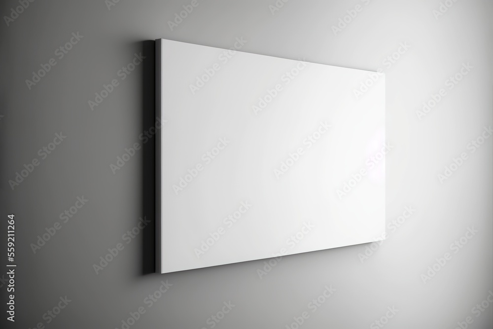 A white canvas wall art mock-up is on a clean and white wall, in a side view, generative ai