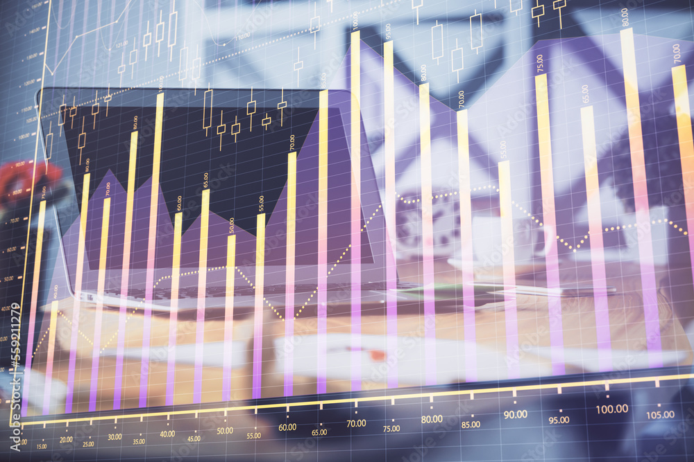 Stock market graph on background with desk and personal computer. Multi exposure. Concept of financial analysis. Stock market graph on background with desk and personal computer. Multi exposure. Concept of financial analysis.