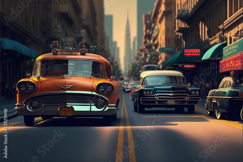 a car driving down a street next to a tall building with a traffic light on top of it's headlight and a car driving down the street in front of it, with a line of cars. © Anna