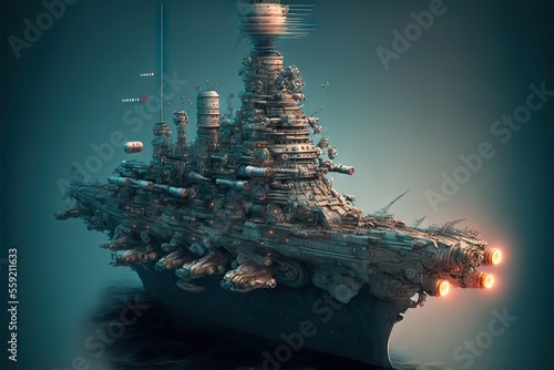 Foto a computer generated image of a battleship with lights on it's hulls and a lot of smoke coming out of it's stacks and stacks of smokes on the bottom of the ship