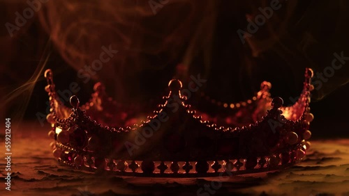 Fabulous golden crown of the king on a dark background. Panoramic view of the blue and red fog. Mockup for your logo. 