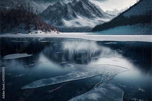 a frozen lake surrounded by mountains and trees in the snow with a cloudy sky above it and a few ice chunks floating in the water below it, with a few snow on the ground.