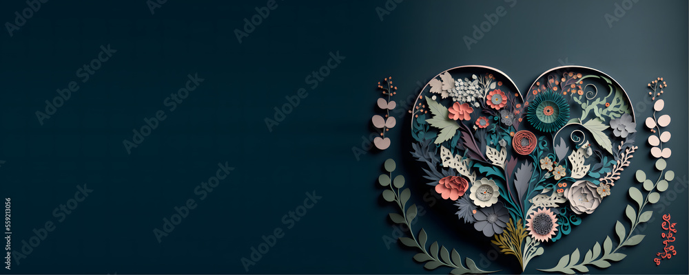 Fototapeta premium heart shape made with flowers, love, valentine, copy space, background, Generative AI