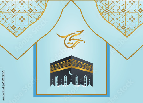 Minimal Hajj Banner and Gold Islamic Border with Kabba Mosque
