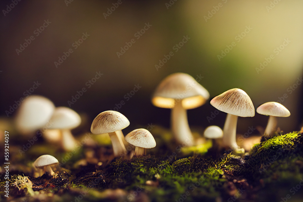 White mushrooms in wood,  Generative AI