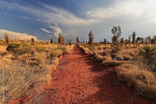 Schilderij op canvas Red sand covered footpath going from the Resort area to Uluru-Ayers Rock