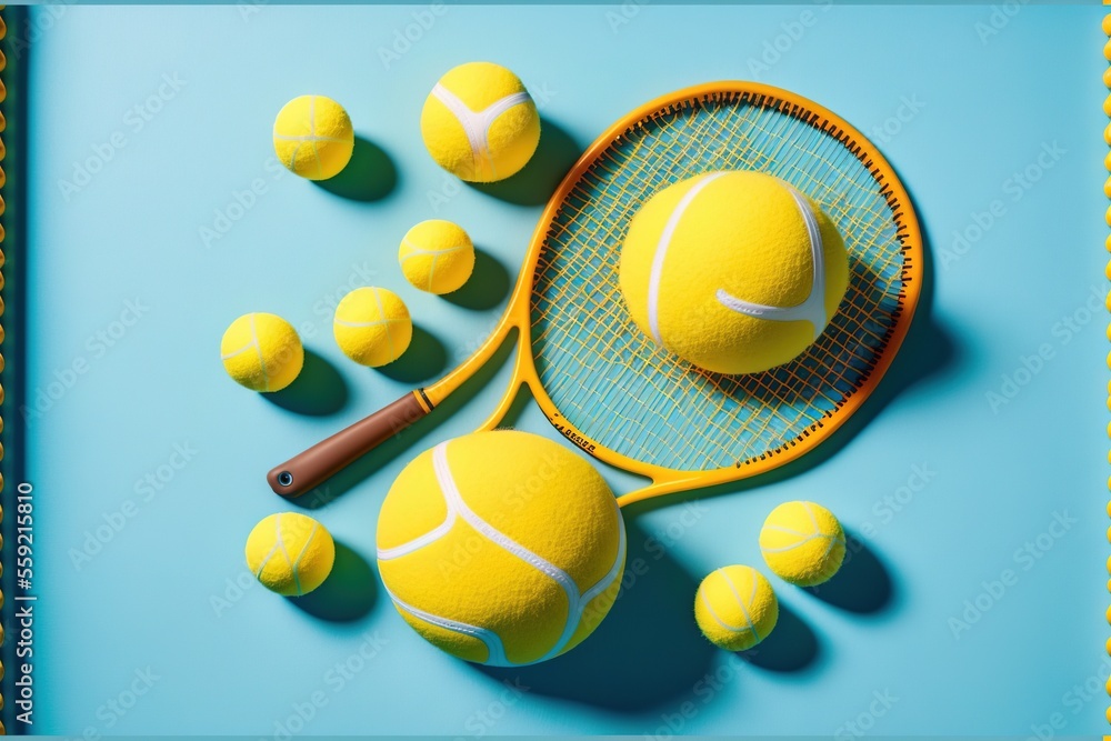 a tennis racket and balls on a blue background with a yellow border around it and a brown stick in the middle of the racket and a blue background with a yellow border and white border.