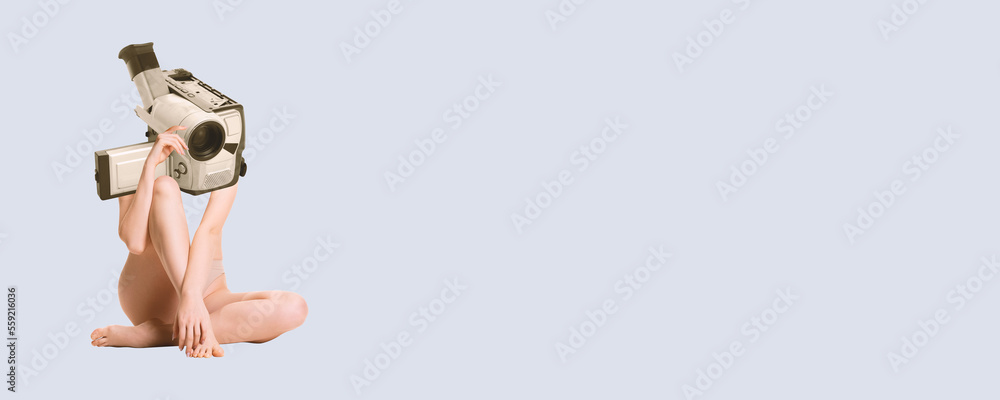 Fototapeta premium Contemporary art collage. Creative design. Tender woman in underwear sitting with vintage camera instead head over light background. Banner, flyer