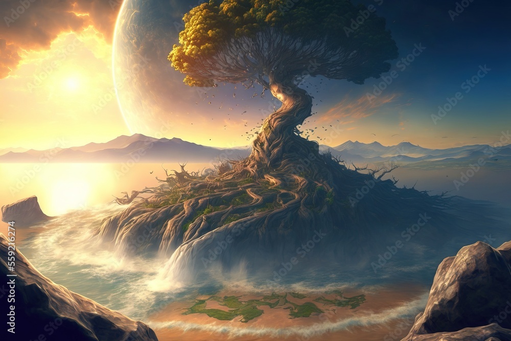 Giant world tree in fantasy concept. anime style. illustration painting